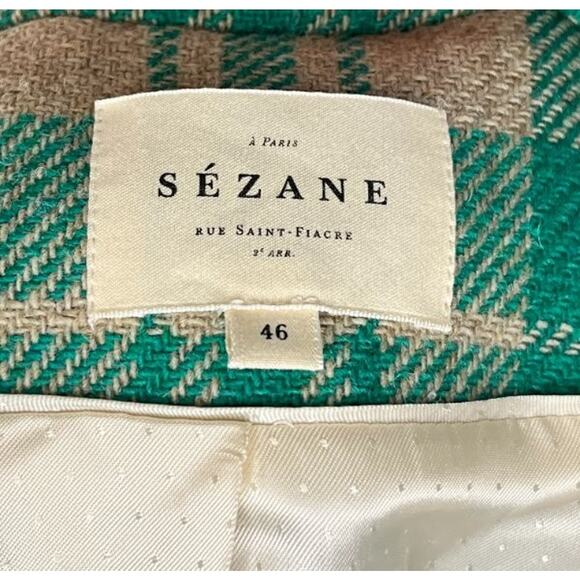 SEZANE Sz 46 14 Green Tan Check Plaid Wool Michele Jacket Blazer - Picture 3 of 12
